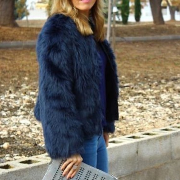 ZARA Trafaluc faux fur jacket short fur midnight blue Size S - Picture 2 of 15